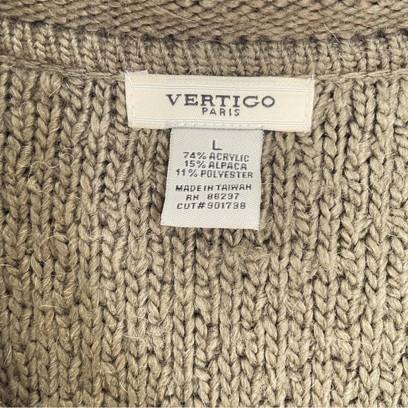 Vertico Taupe/Brown Hooded Cable Knit Sweater VNeck Ribbed Cuffs/Hem Size L - Picture 11 of 12